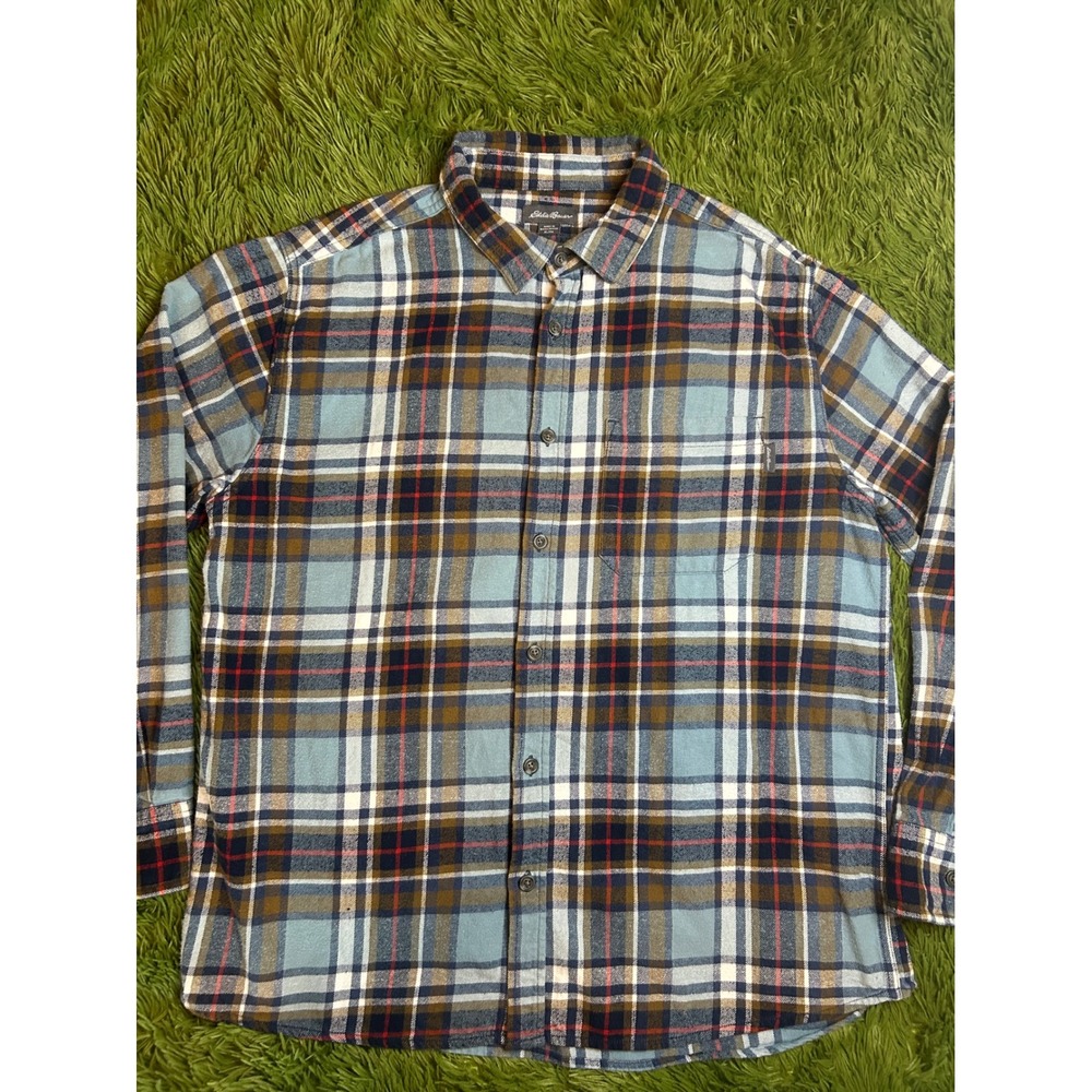 Eddie Bauer Button Front Men XL Blue Plaid Flannel Long Sleeve Cotton Shirt